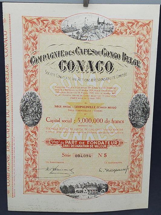 Historische Aktie CONACO 1929 Compagnie des Cafés du Congo Belge