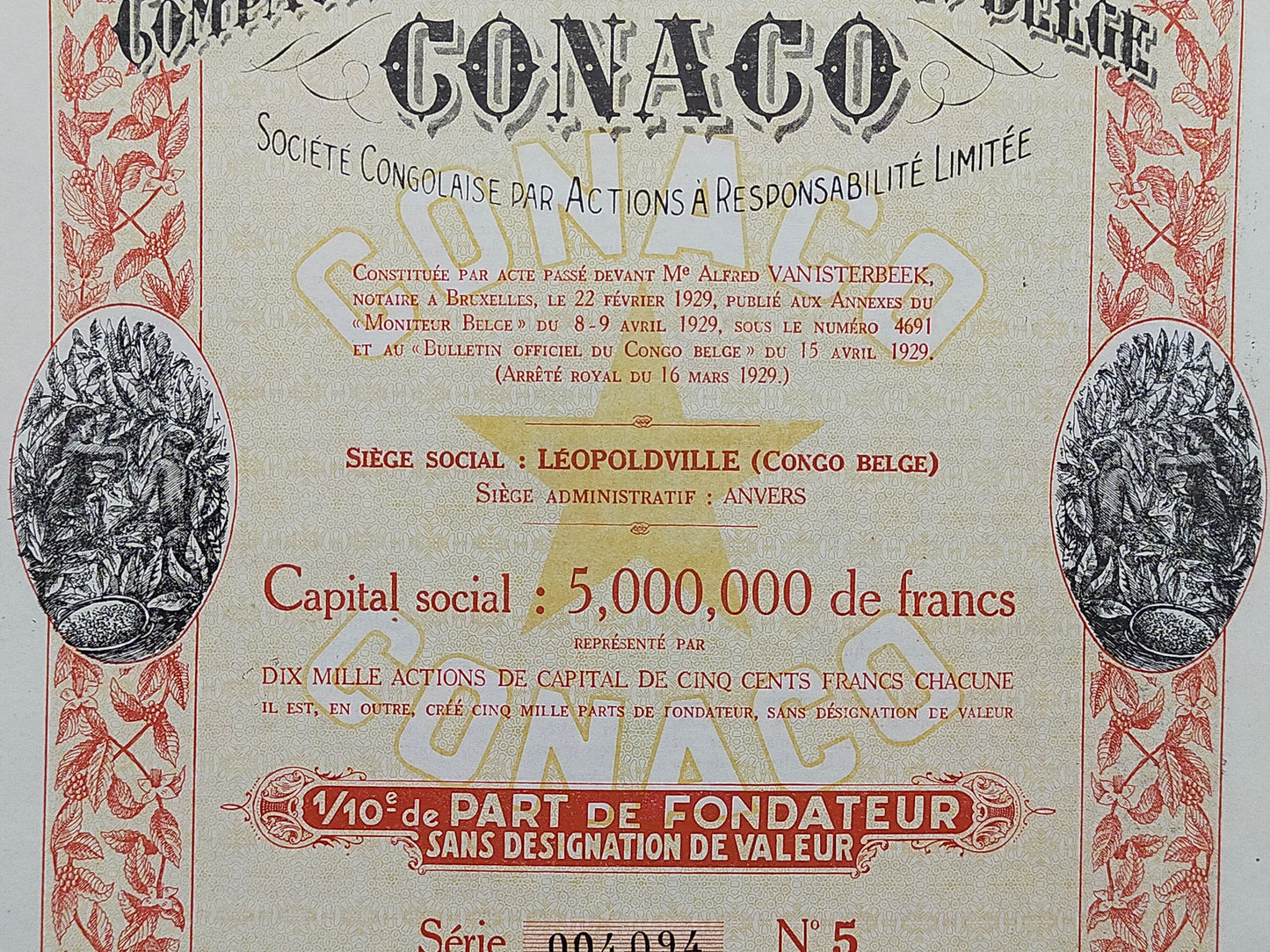 Historische Aktie CONACO 1929 Compagnie des Cafés du Congo Belge