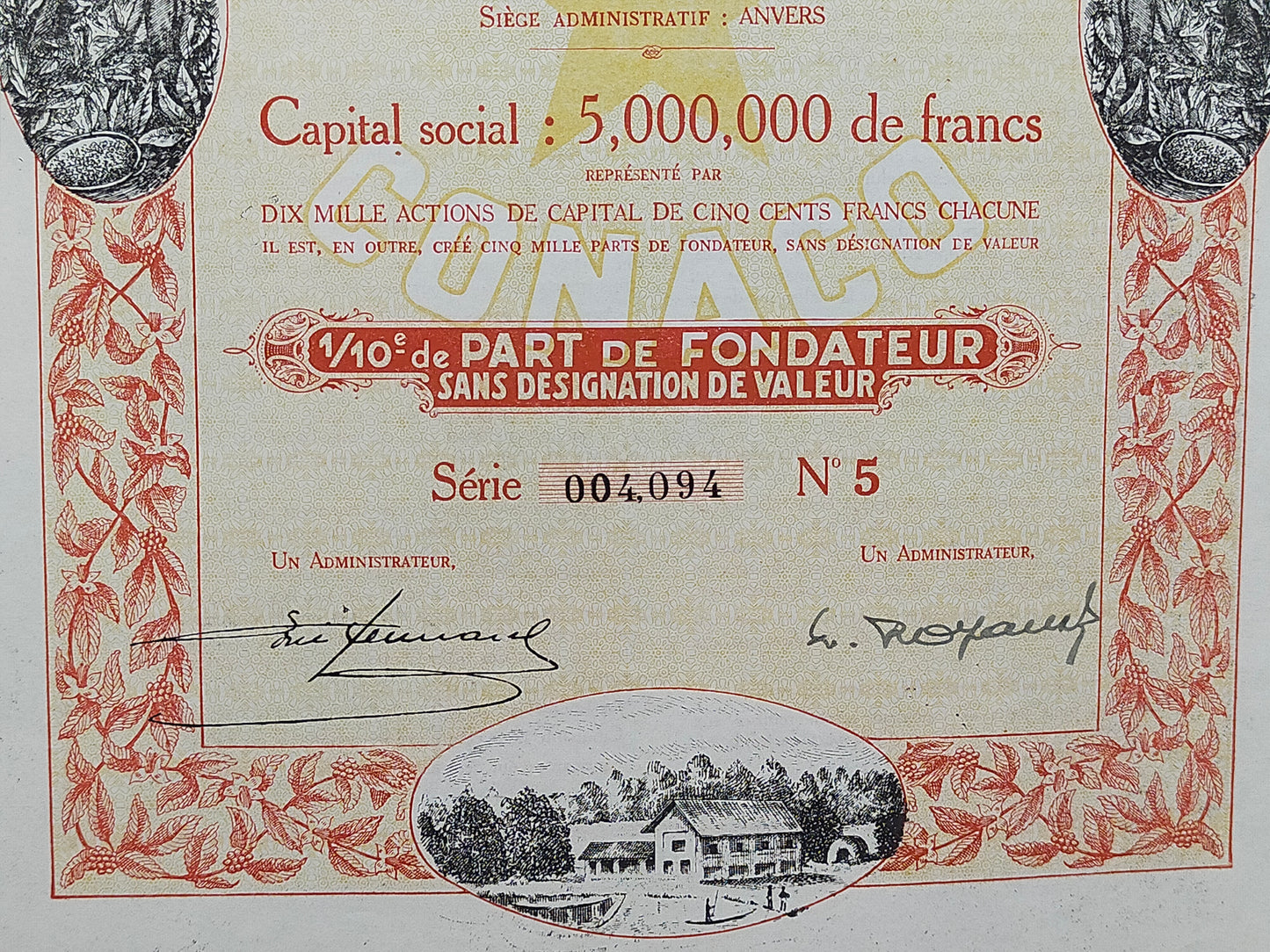 Historische Aktie CONACO 1929 Compagnie des Cafés du Congo Belge
