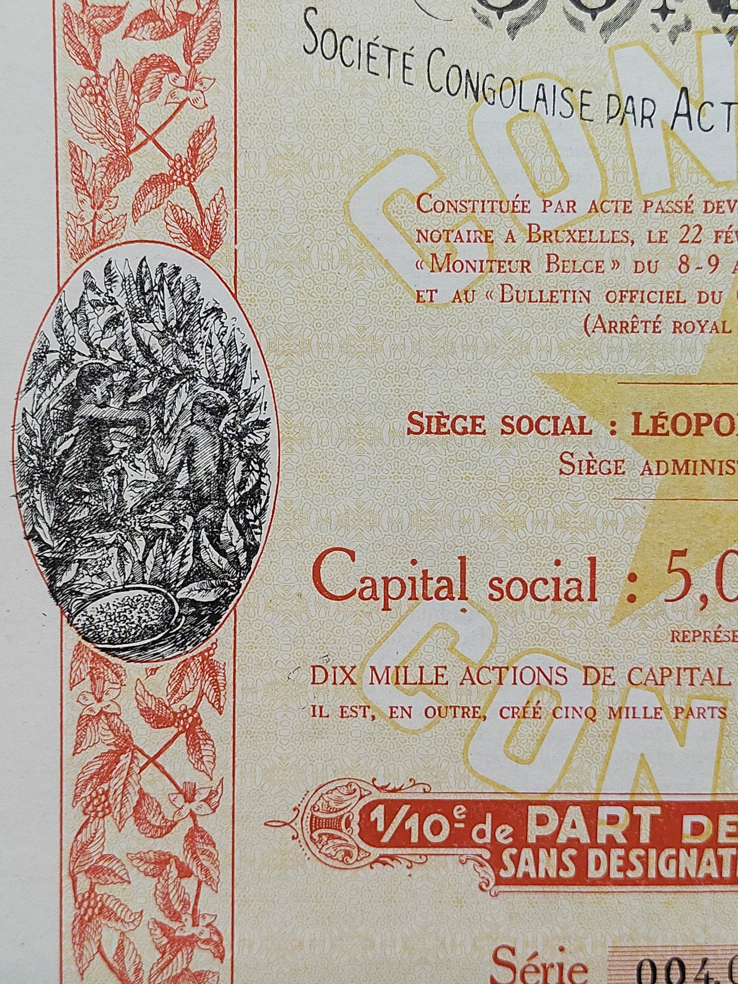 Historische Aktie CONACO 1929 Compagnie des Cafés du Congo Belge