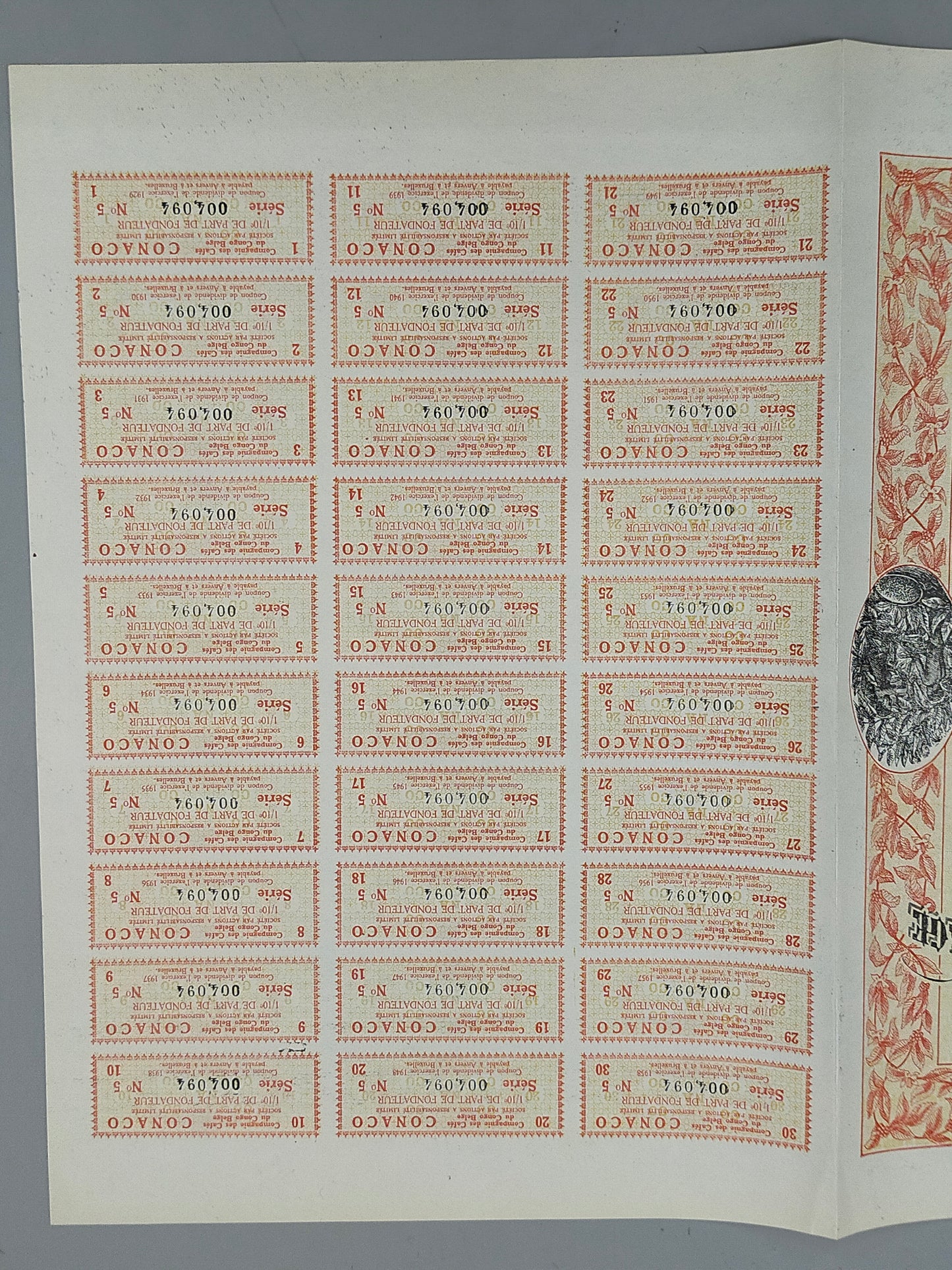 Historische Aktie CONACO 1929 Compagnie des Cafés du Congo Belge