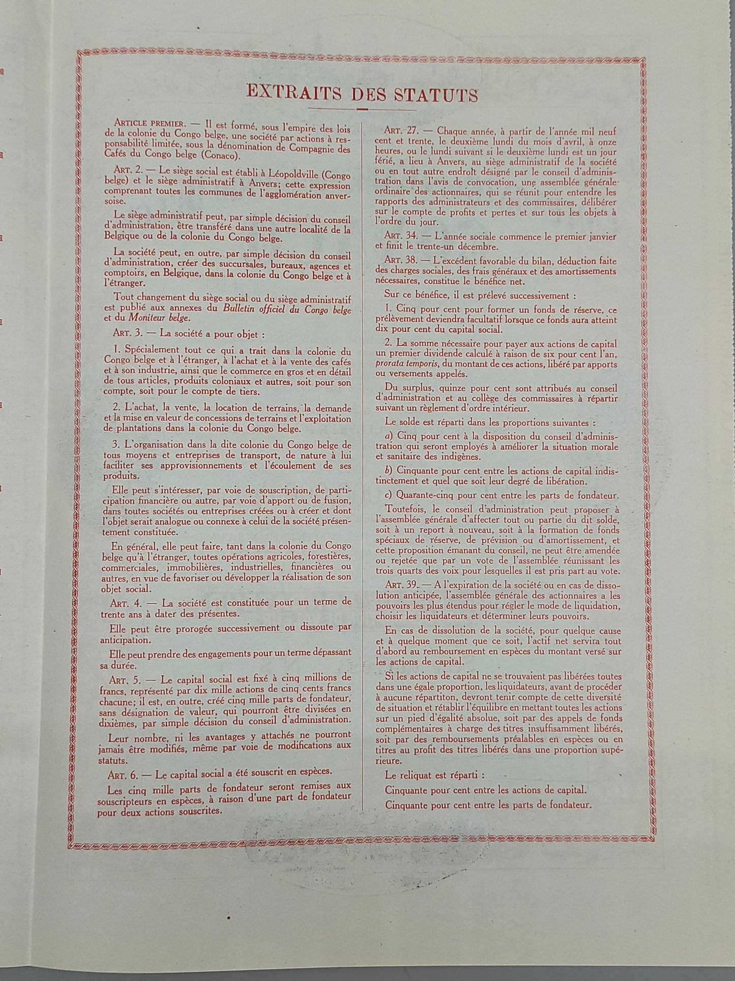 Historische Aktie CONACO 1929 Compagnie des Cafés du Congo Belge