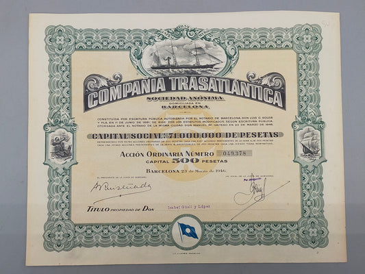 Historische Aktie Companía Trasatlantica Barcelona 1946