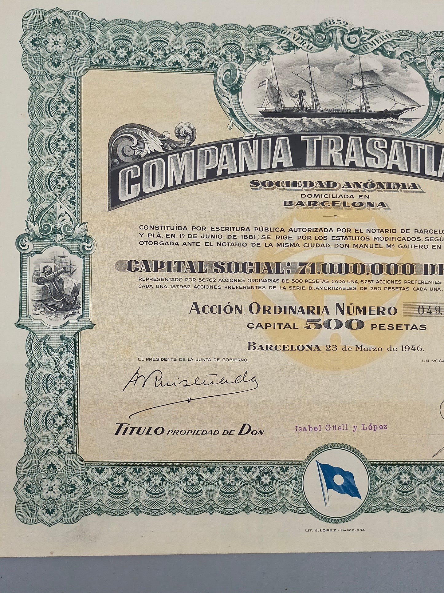 Historische Aktie Companía Trasatlantica Barcelona 1946
