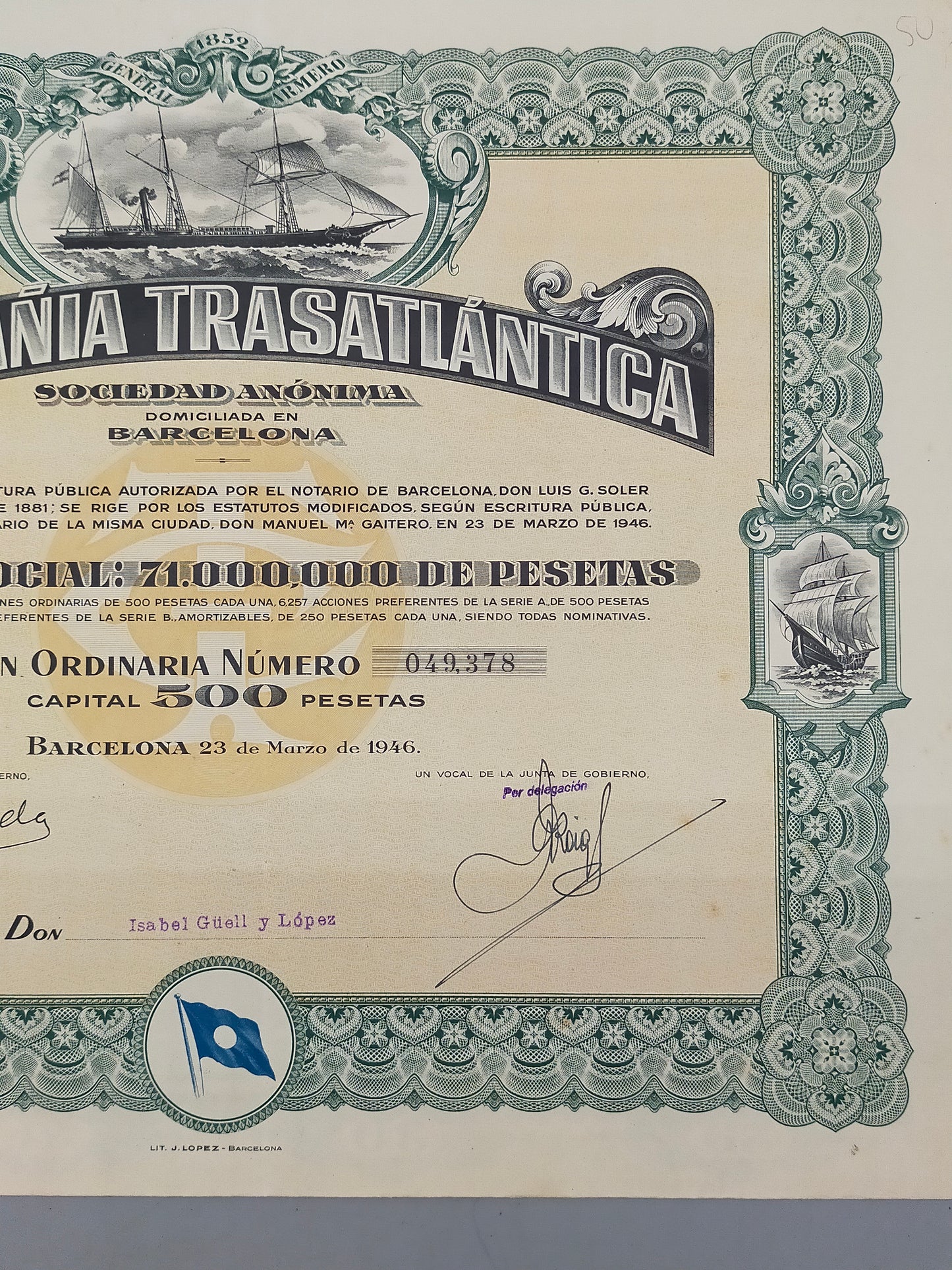 Historische Aktie Companía Trasatlantica Barcelona 1946