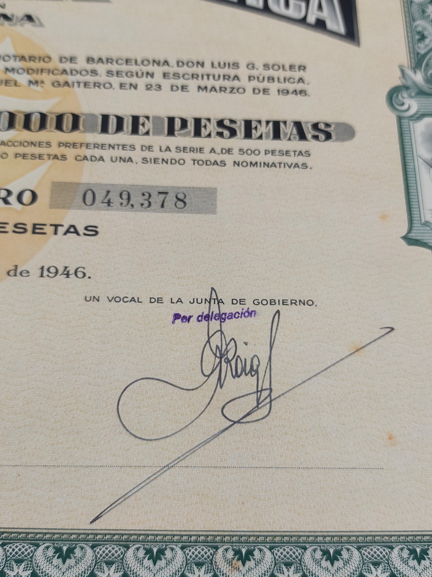 Historische Aktie Companía Trasatlantica Barcelona 1946