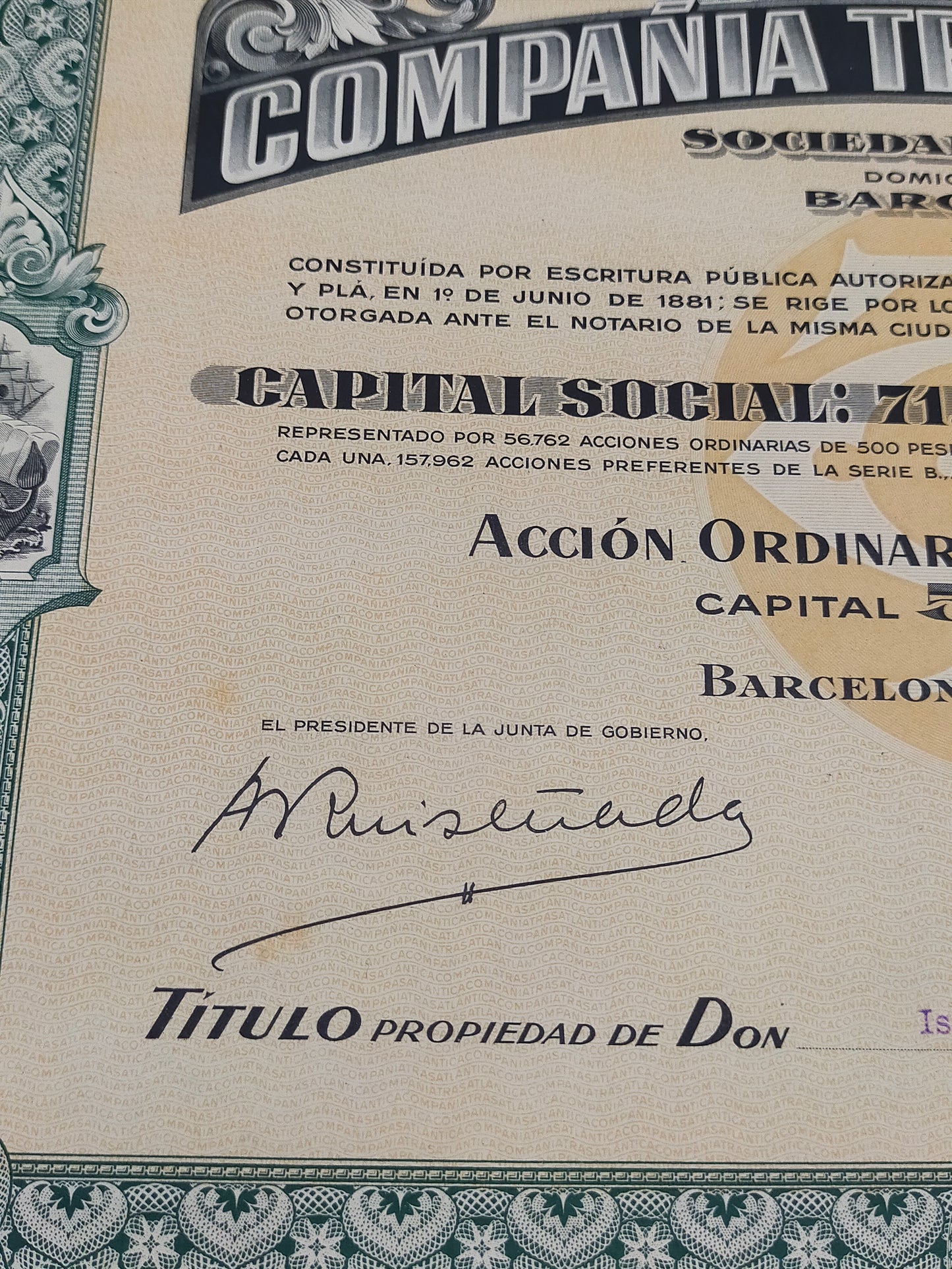 Historische Aktie Companía Trasatlantica Barcelona 1946