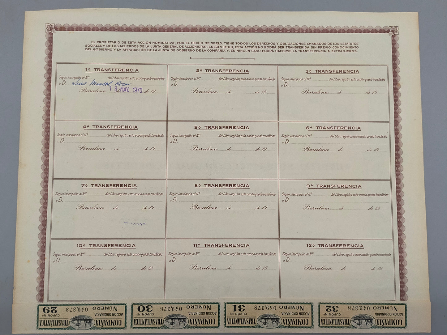 Historische Aktie Companía Trasatlantica Barcelona 1946