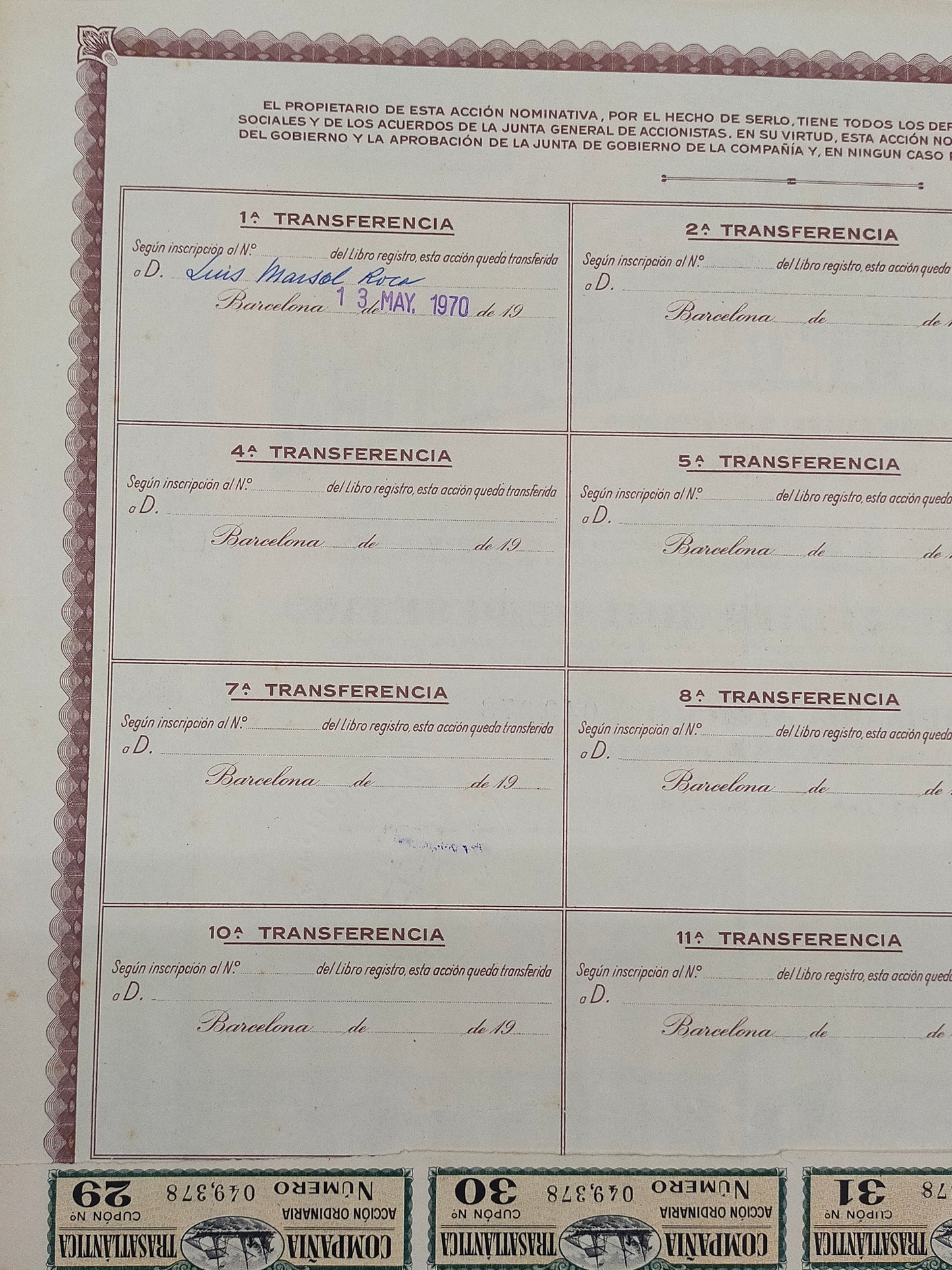 Historische Aktie Companía Trasatlantica Barcelona 1946