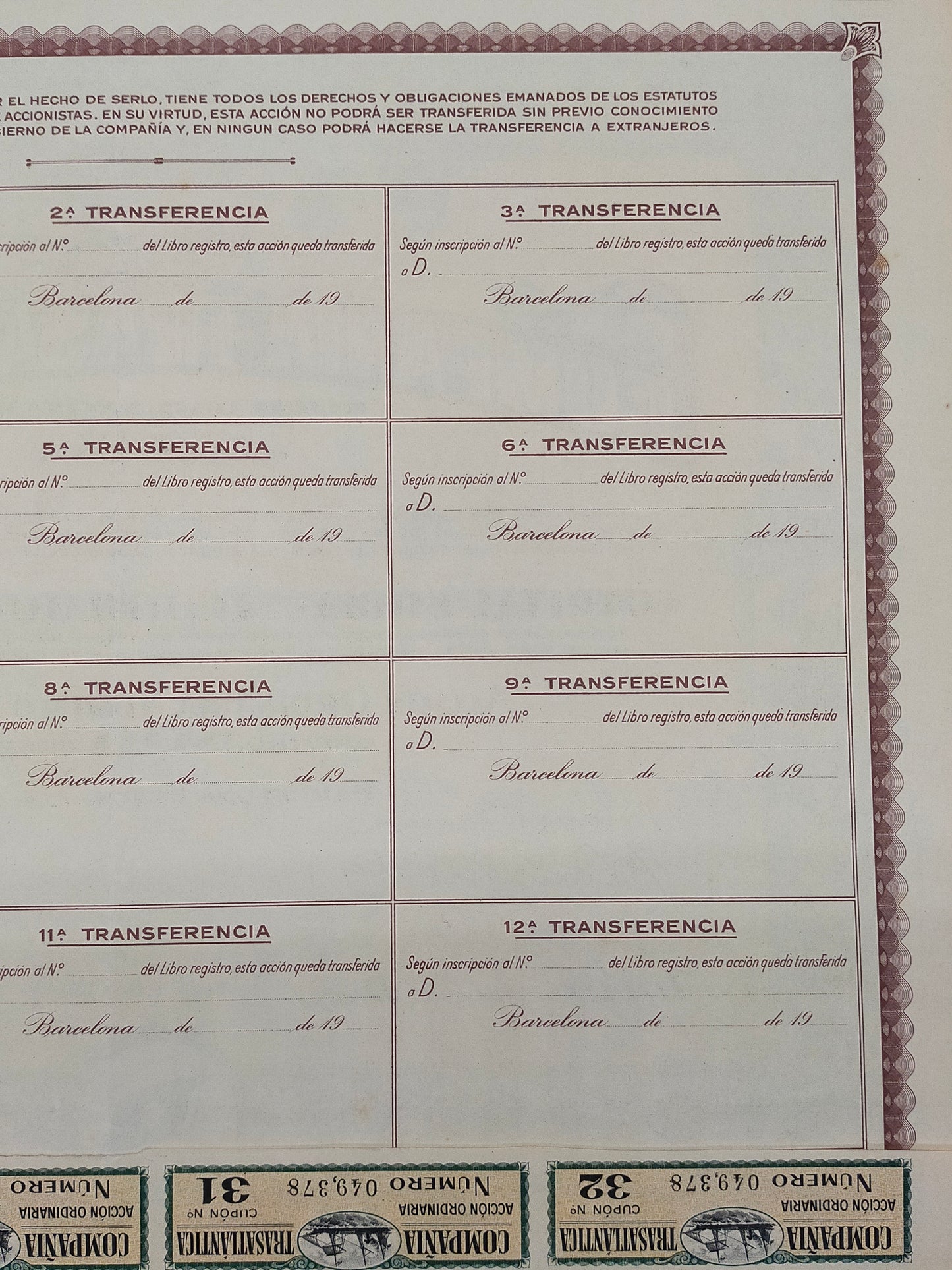 Historische Aktie Companía Trasatlantica Barcelona 1946