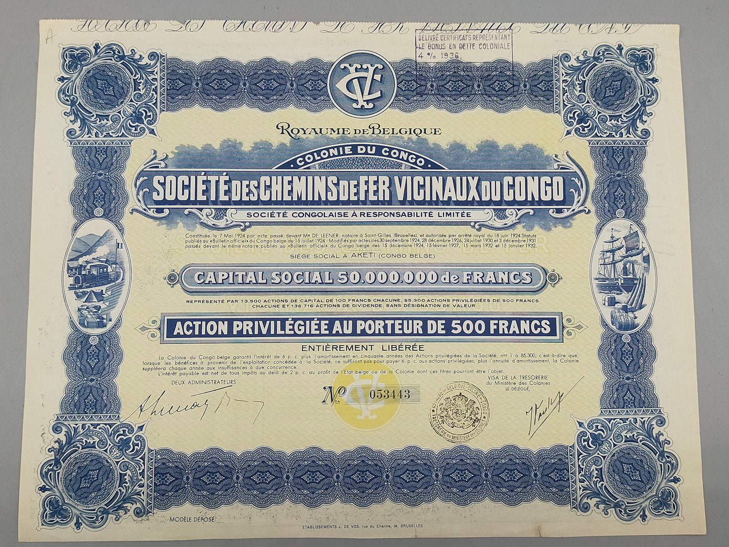 Historische Aktie 1934 Société des Chemins de Fer Vicinaux du Congo
