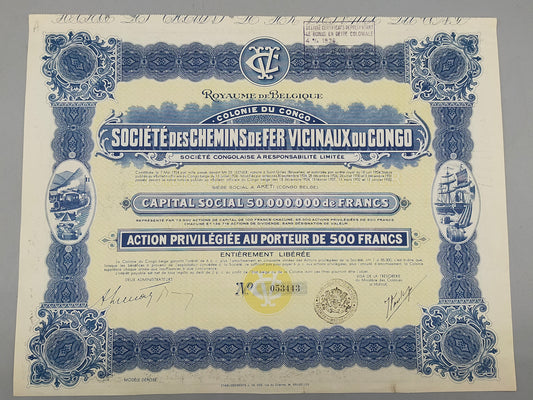 Historische Aktie 1934 Société des Chemins de Fer Vicinaux du Congo