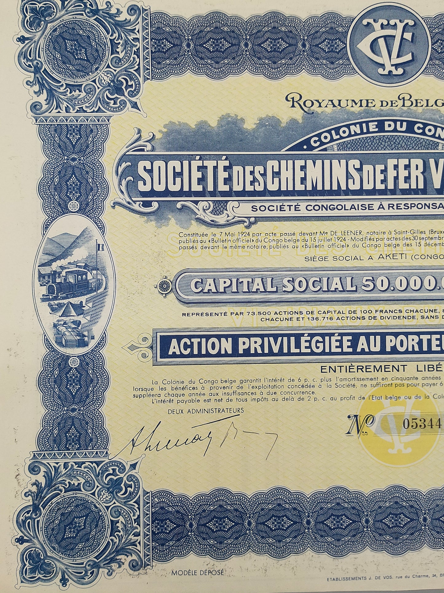 Historische Aktie 1934 Société des Chemins de Fer Vicinaux du Congo
