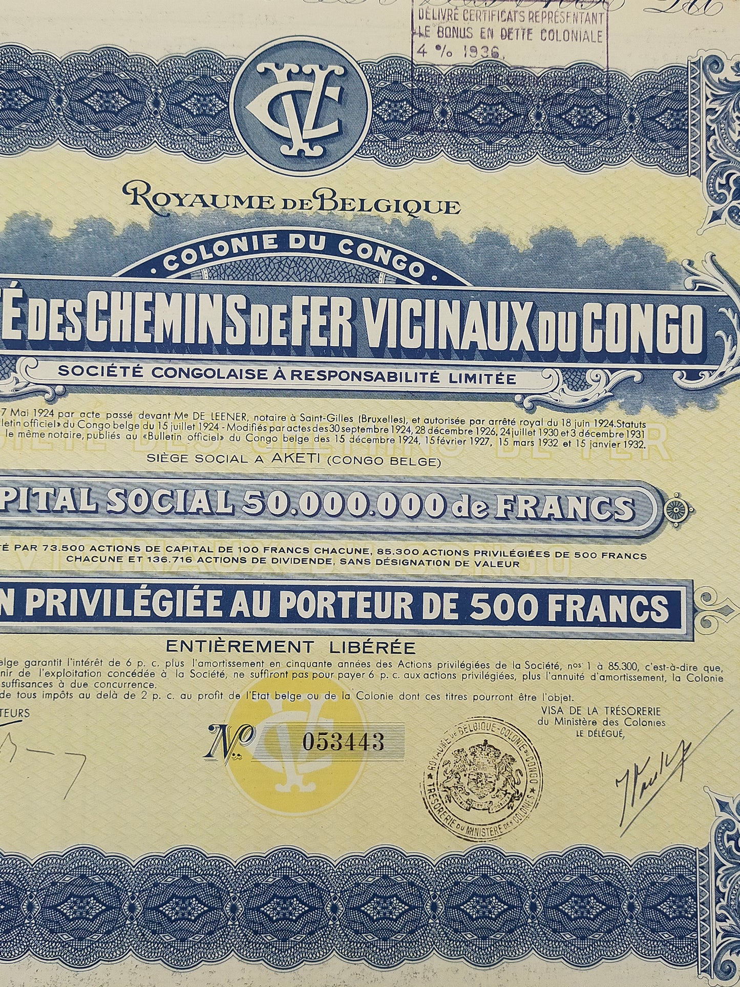 Historische Aktie 1934 Société des Chemins de Fer Vicinaux du Congo