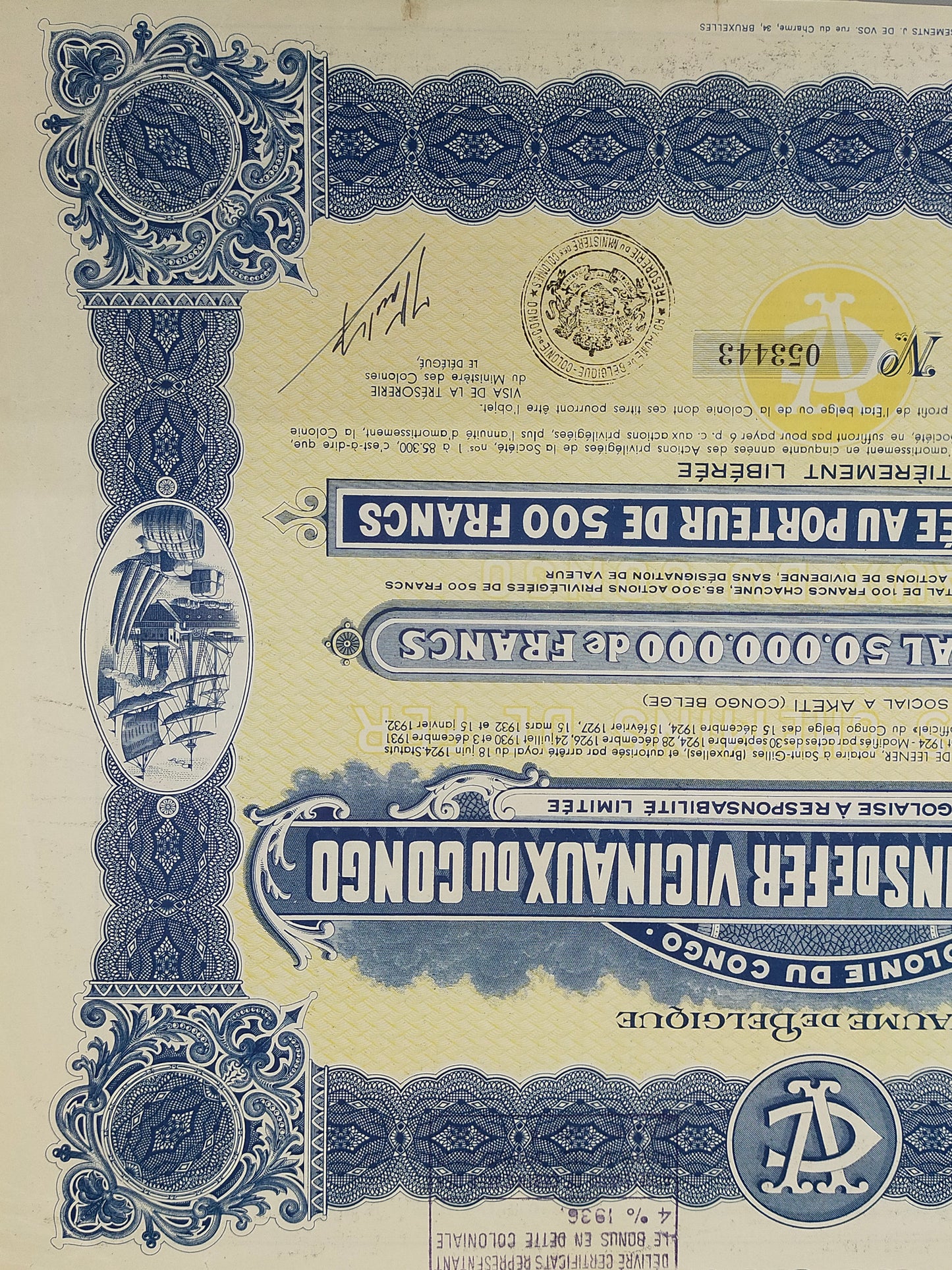 Historische Aktie 1934 Société des Chemins de Fer Vicinaux du Congo