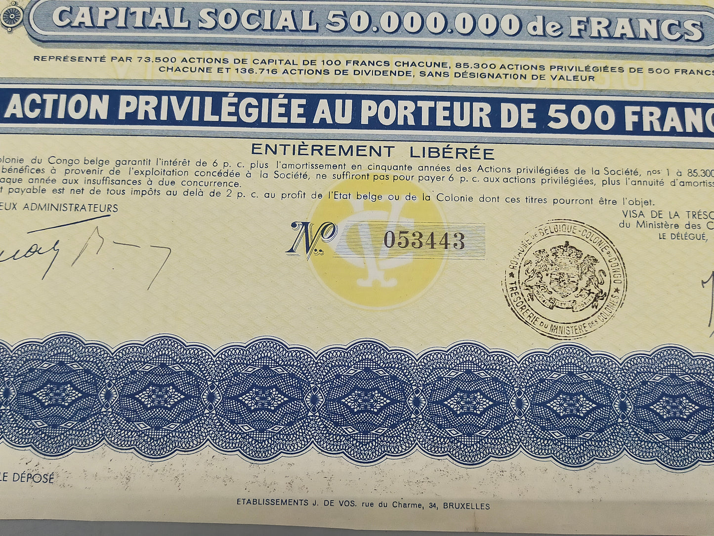 Historische Aktie 1934 Société des Chemins de Fer Vicinaux du Congo