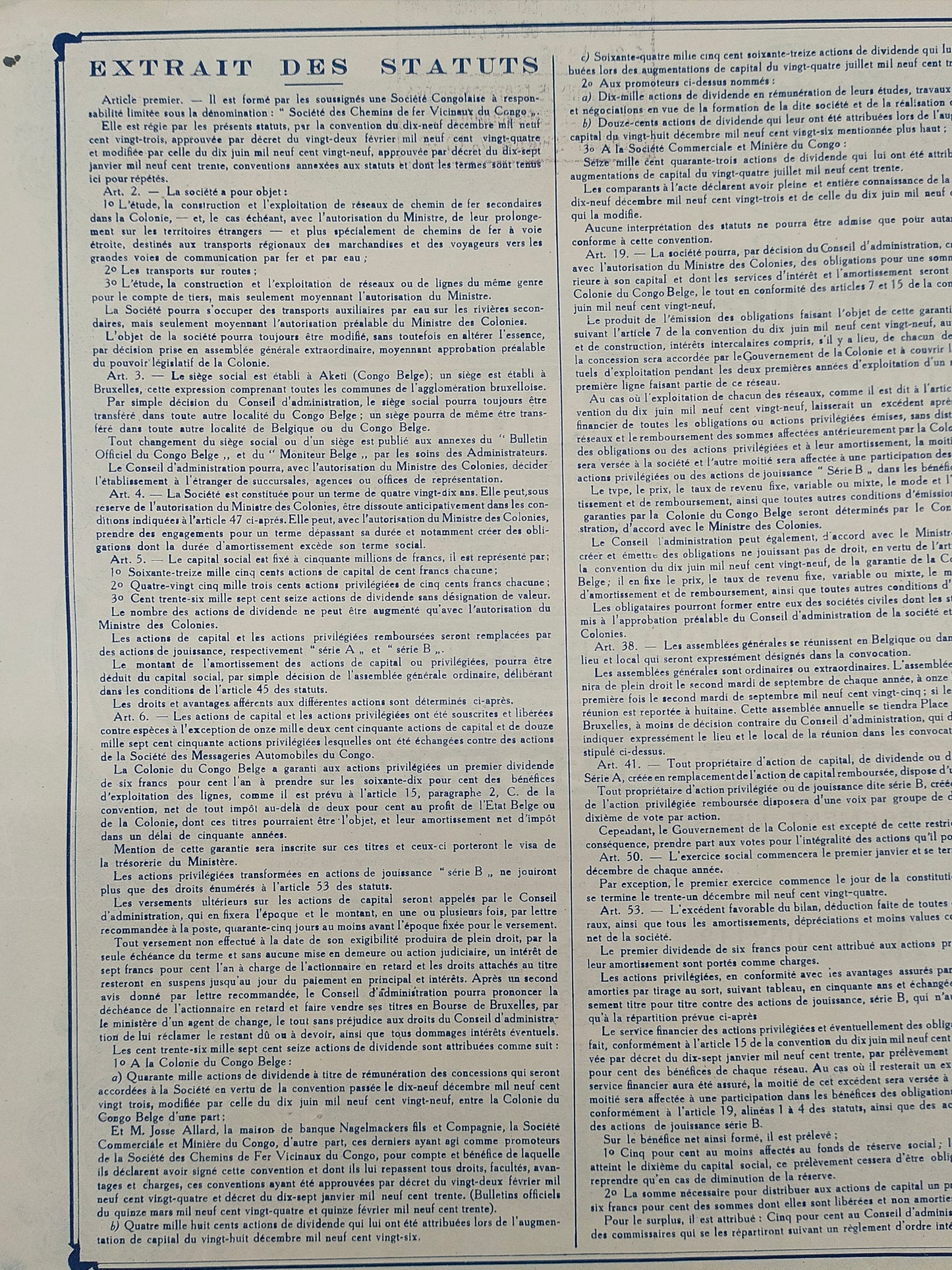 Historische Aktie 1934 Société des Chemins de Fer Vicinaux du Congo