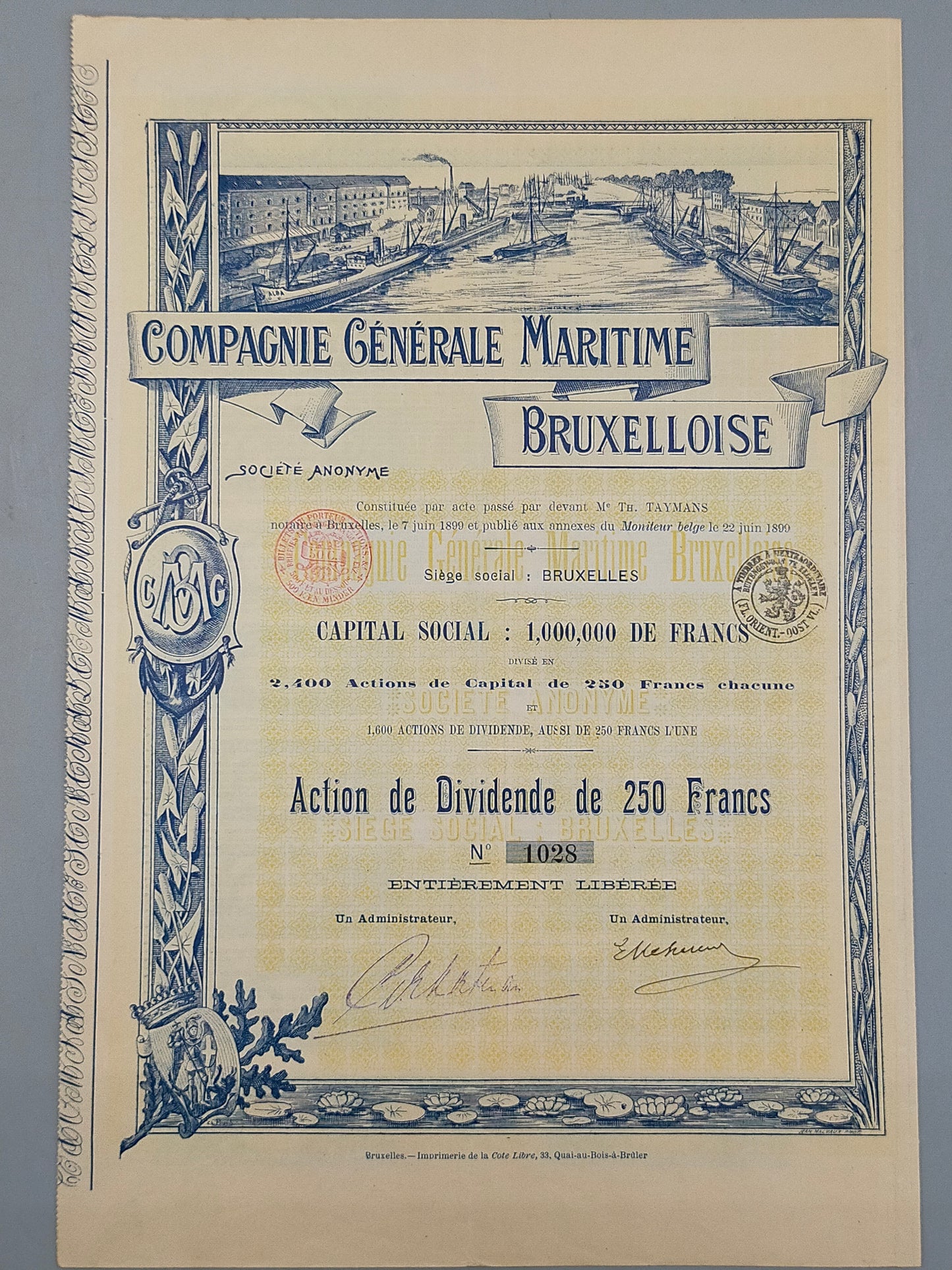 Historisches Antike Aktie Compagnie Générale Maritime Bruxelloise