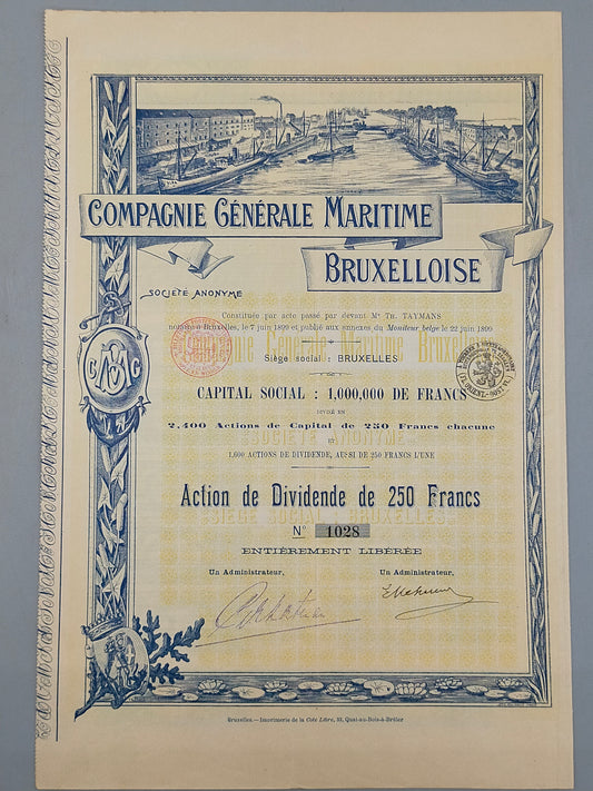 Historisches Antike Aktie Compagnie Générale Maritime Bruxelloise