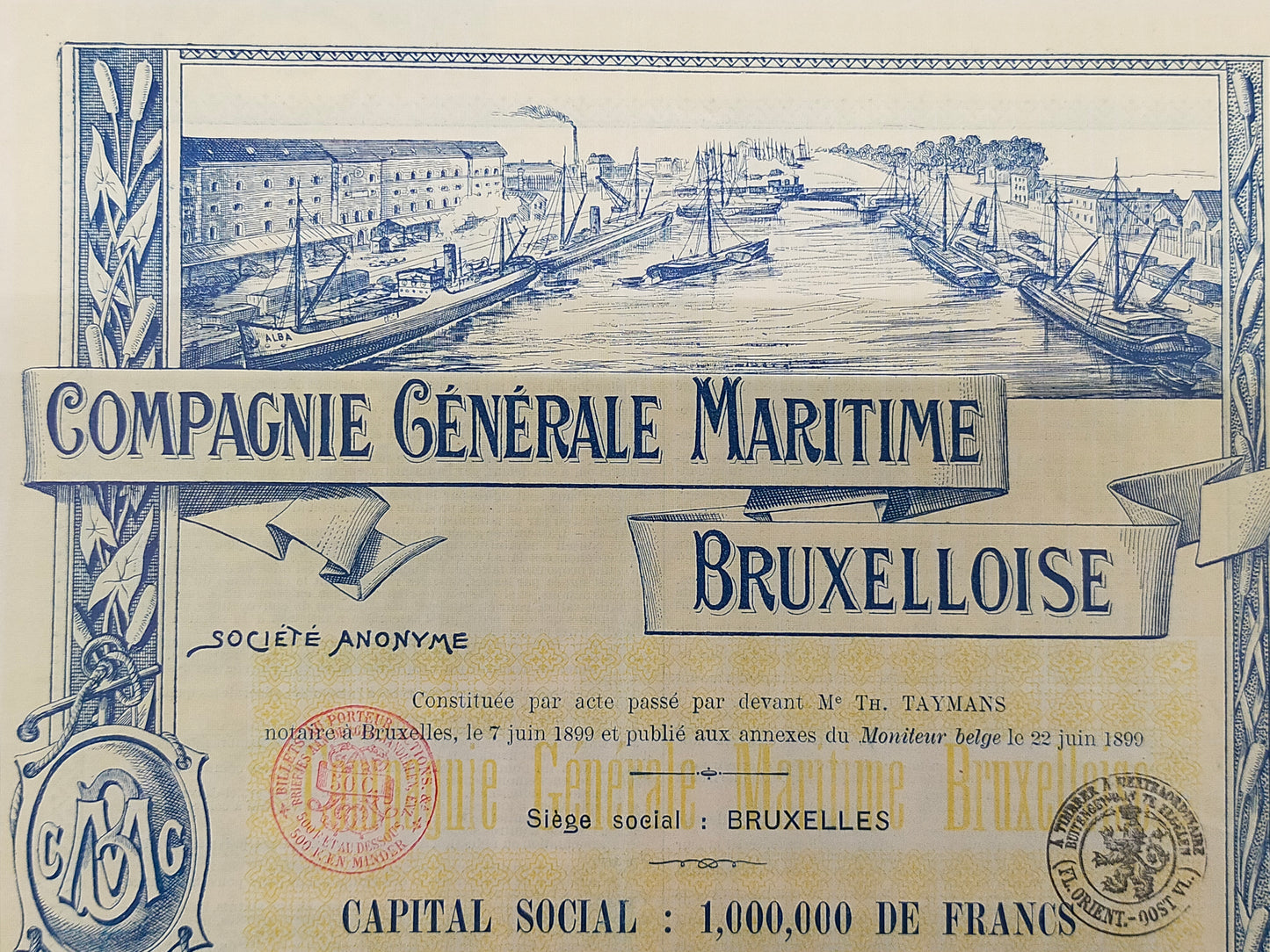 Historisches Antike Aktie Compagnie Générale Maritime Bruxelloise