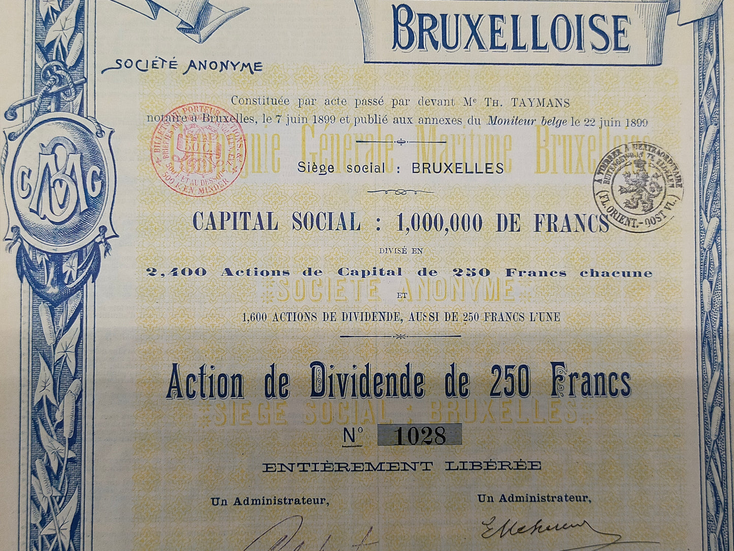 Historisches Antike Aktie Compagnie Générale Maritime Bruxelloise