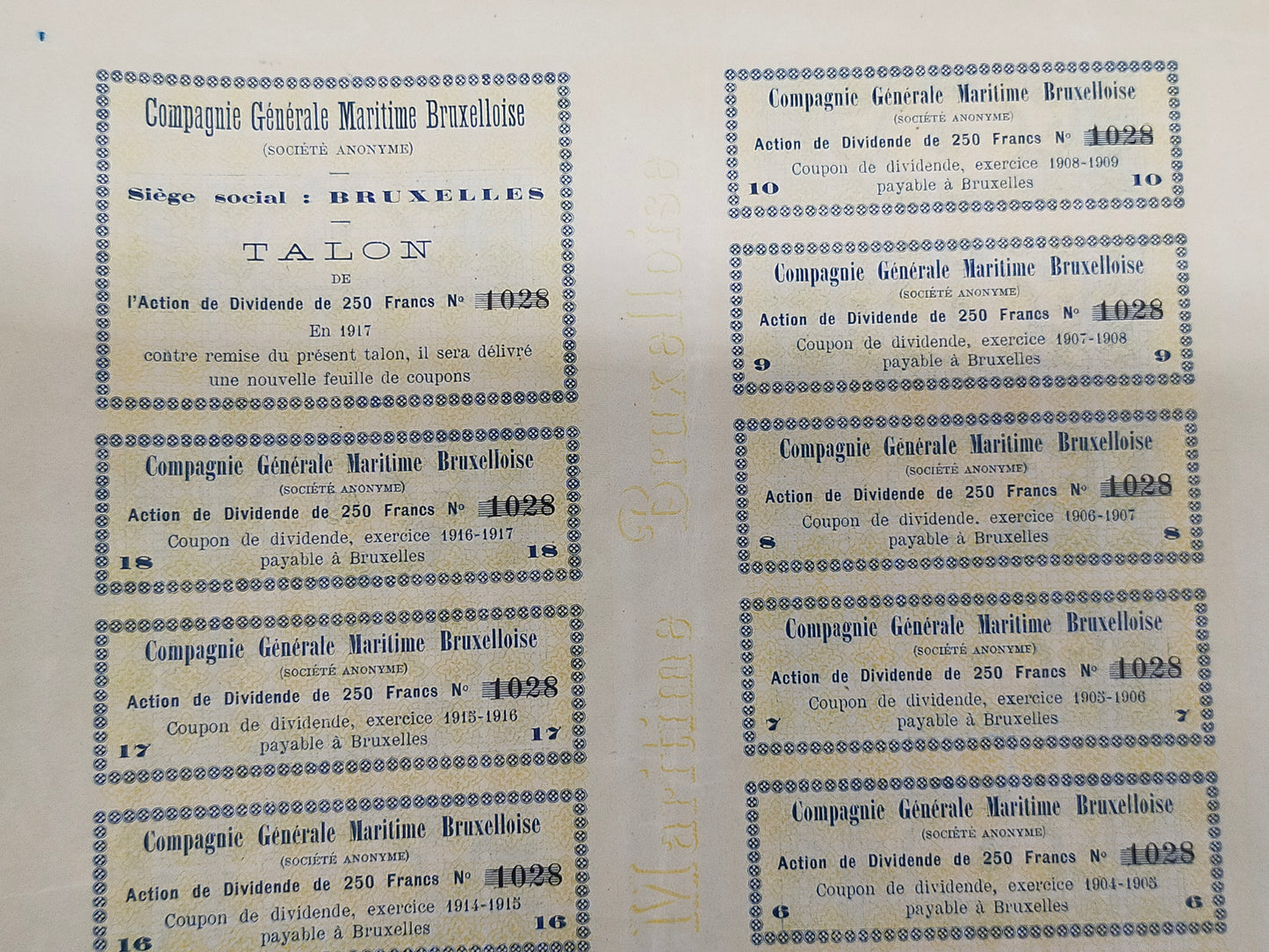 Historisches Antike Aktie Compagnie Générale Maritime Bruxelloise