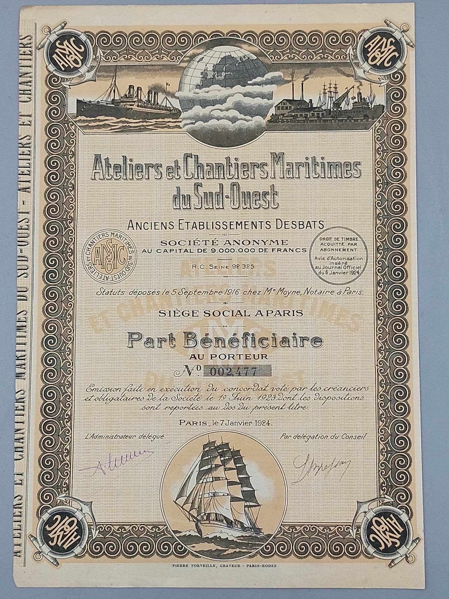 Antike Aktie Ateliers et Chantiers Maritimes du Sud-Ouest  Paris 1924
