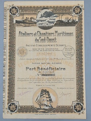 Antike Aktie Ateliers et Chantiers Maritimes du Sud-Ouest  Paris 1924