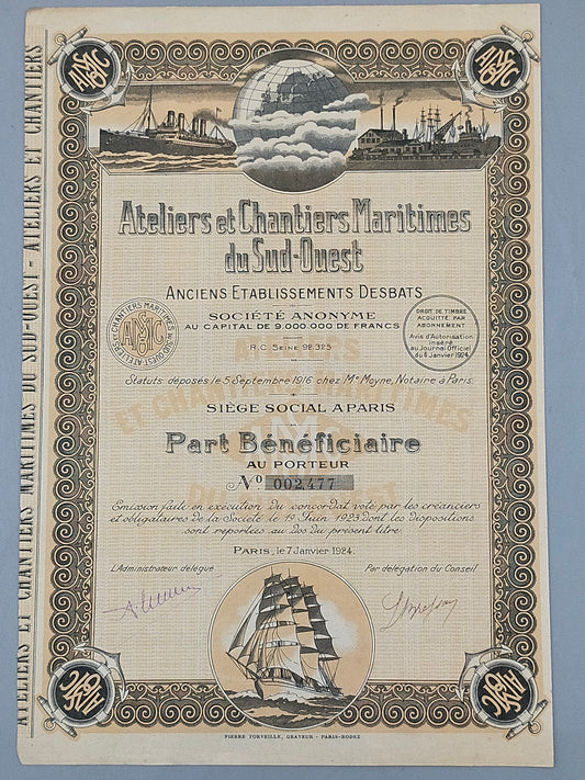 Antike Aktie Ateliers et Chantiers Maritimes du Sud-Ouest  Paris 1924