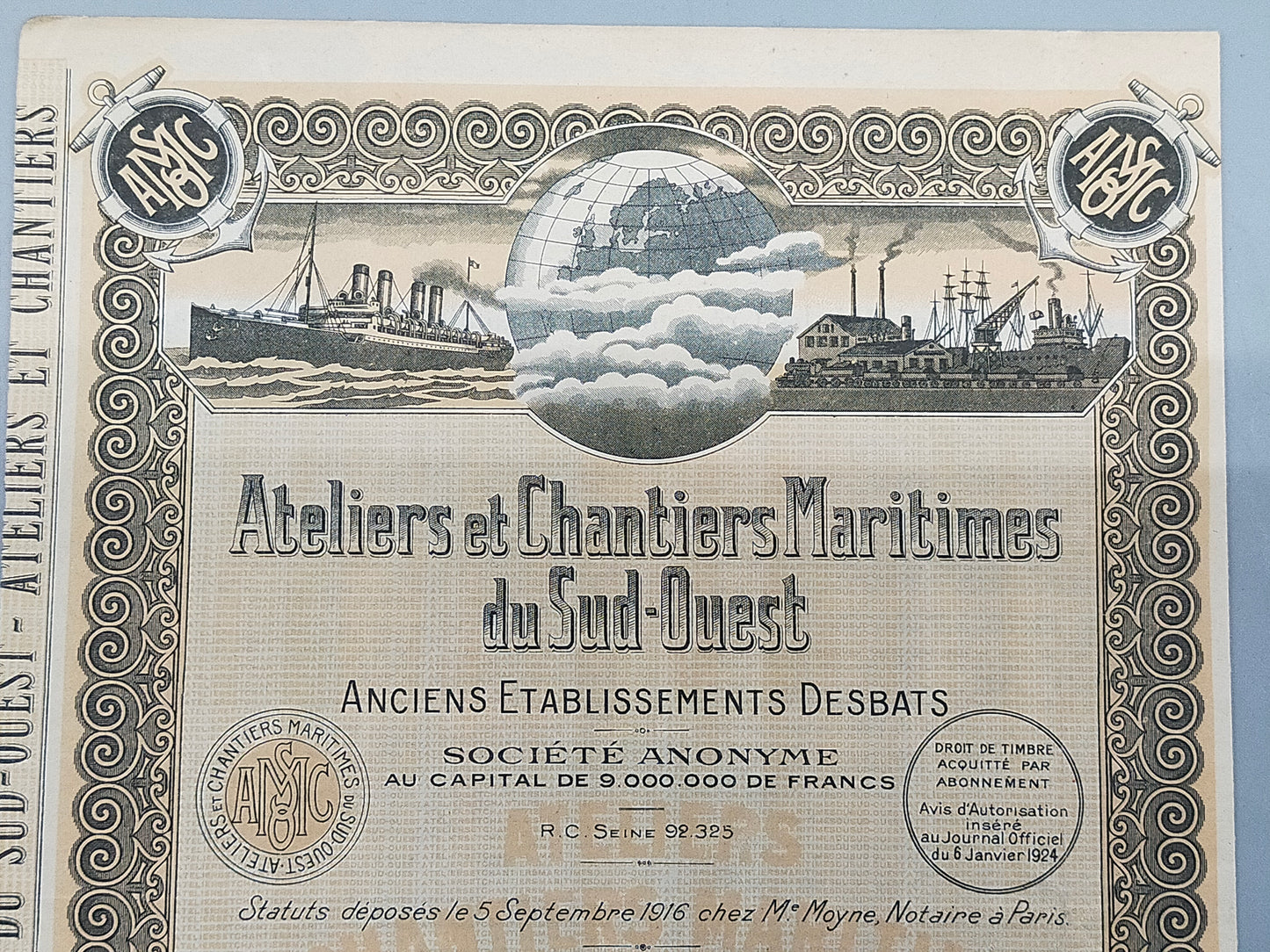Antike Aktie Ateliers et Chantiers Maritimes du Sud-Ouest  Paris 1924