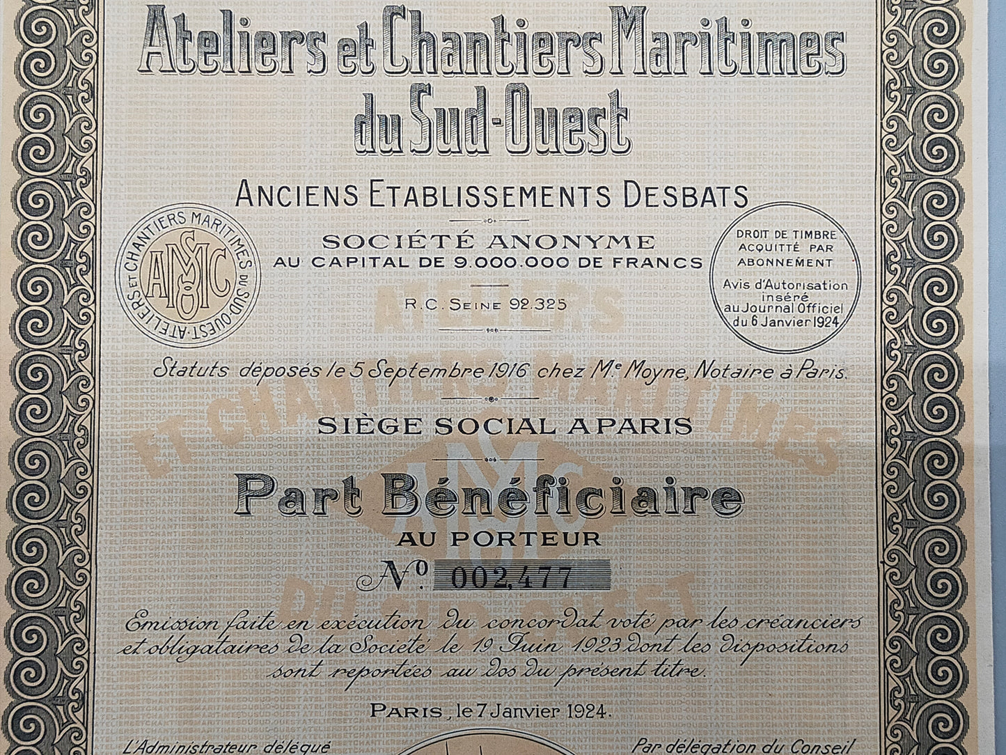 Antike Aktie Ateliers et Chantiers Maritimes du Sud-Ouest  Paris 1924