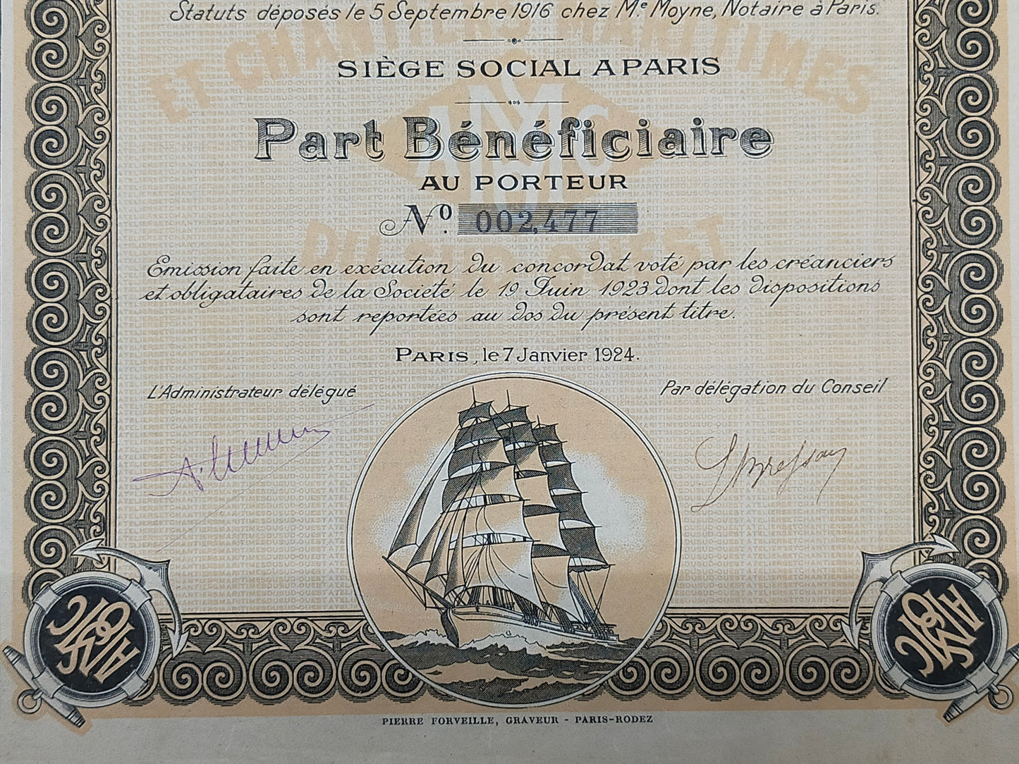 Antike Aktie Ateliers et Chantiers Maritimes du Sud-Ouest  Paris 1924