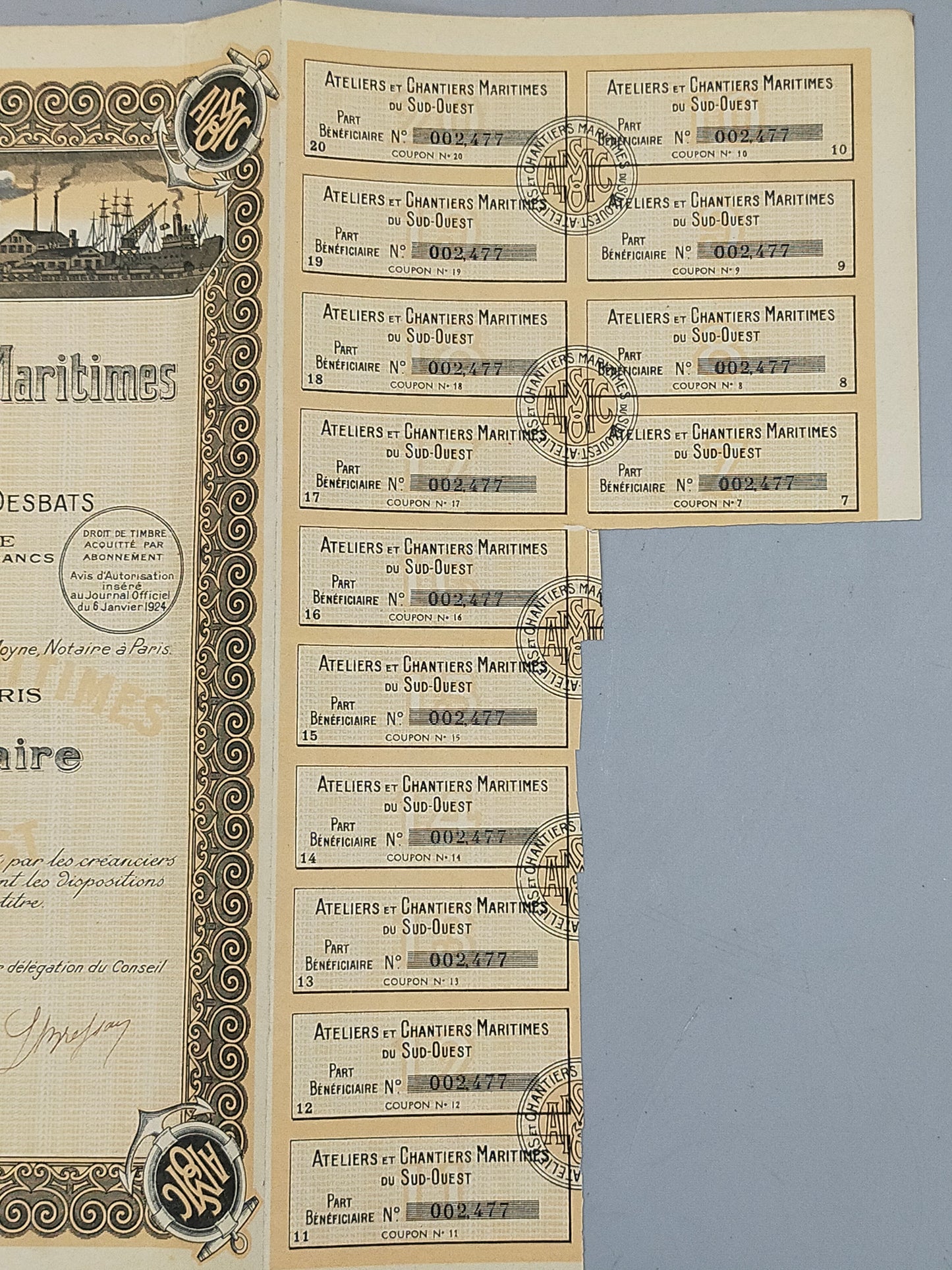 Antike Aktie Ateliers et Chantiers Maritimes du Sud-Ouest  Paris 1924