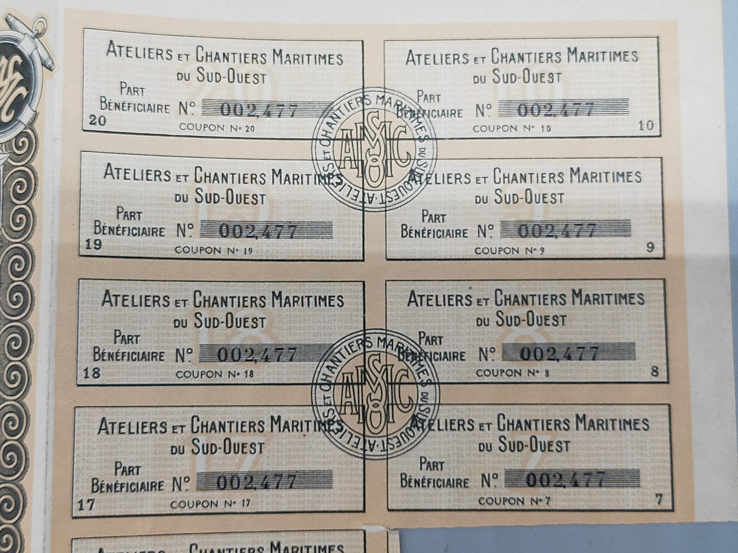 Antike Aktie Ateliers et Chantiers Maritimes du Sud-Ouest  Paris 1924