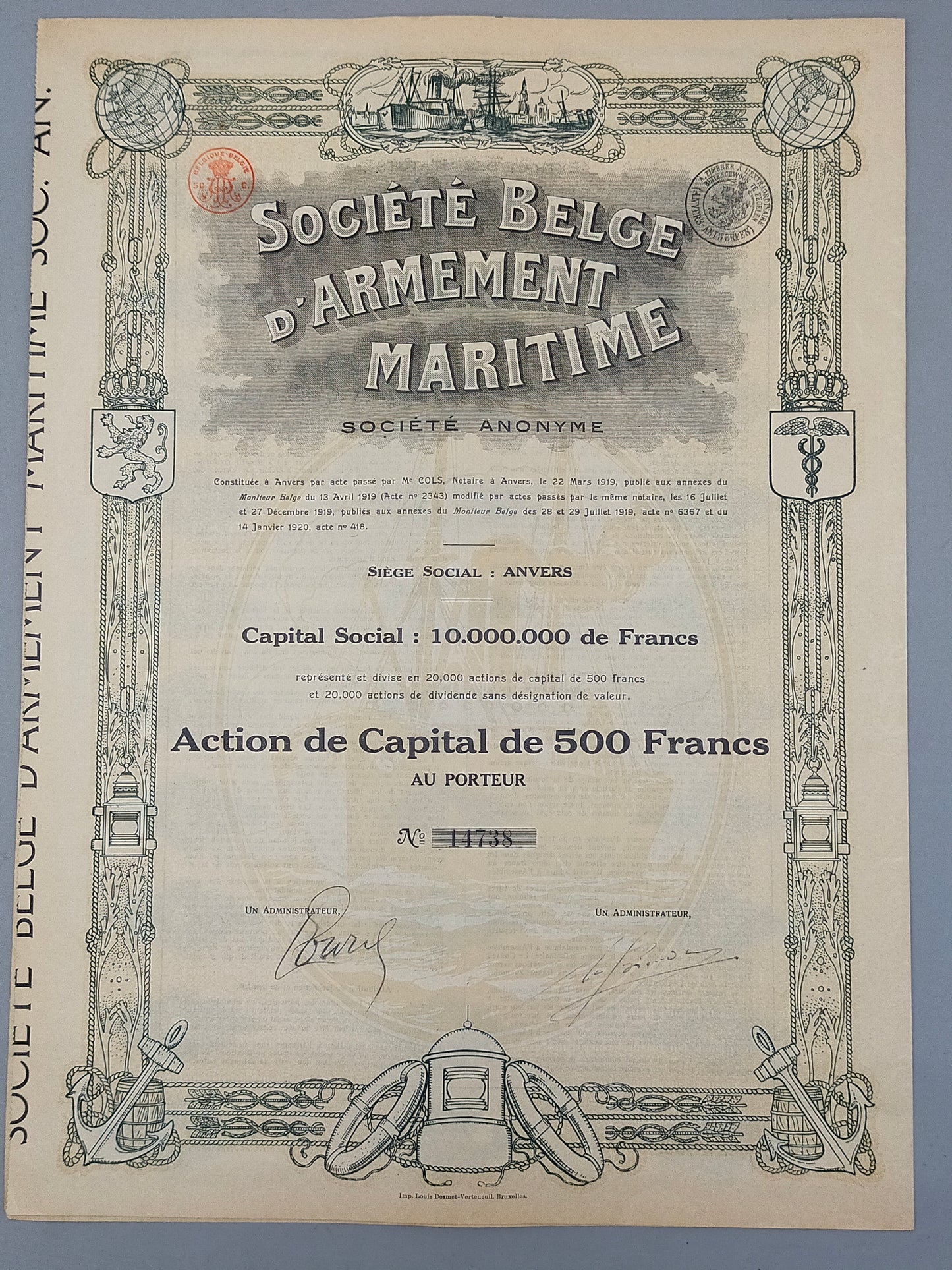 Historische Aktie Société Belge d'Armement Maritime Antwerpen 1920
