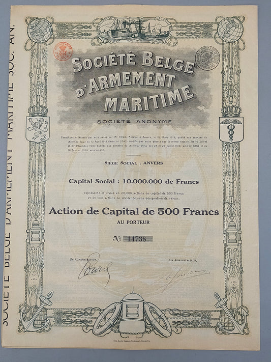 Historische Aktie Société Belge d'Armement Maritime Antwerpen 1920