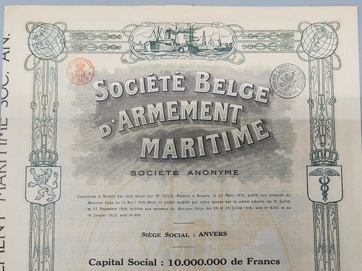 Historische Aktie Société Belge d'Armement Maritime Antwerpen 1920
