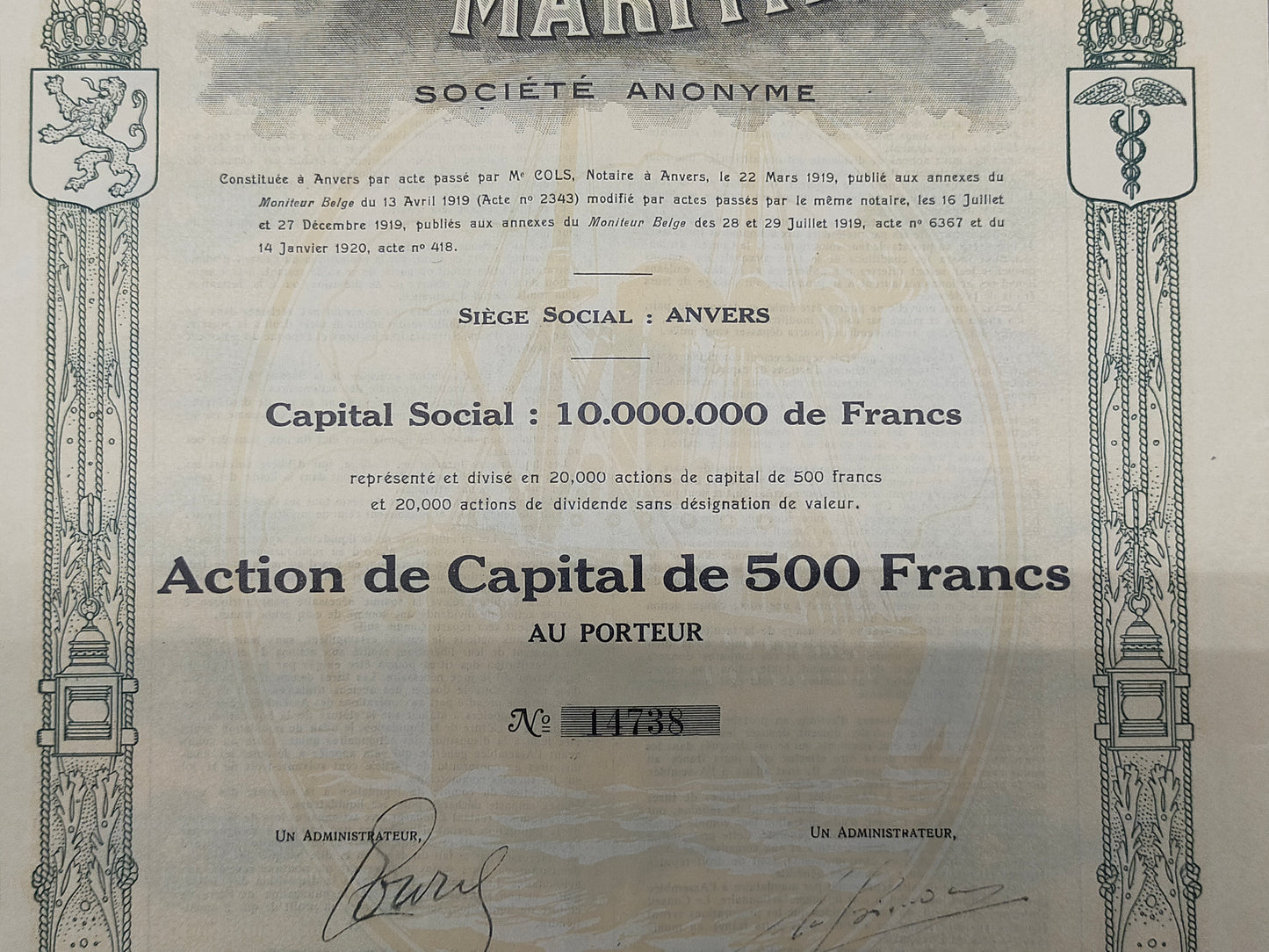 Historische Aktie Société Belge d'Armement Maritime Antwerpen 1920