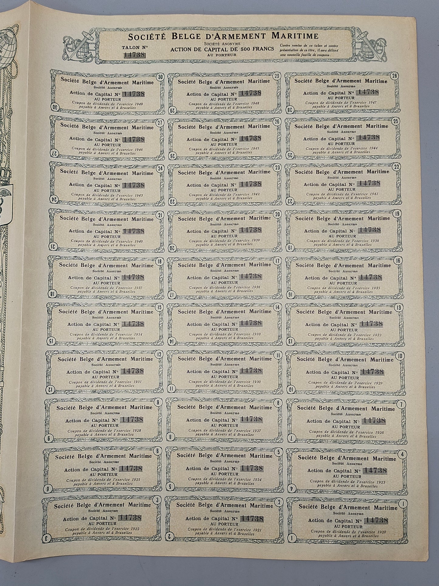 Historische Aktie Société Belge d'Armement Maritime Antwerpen 1920