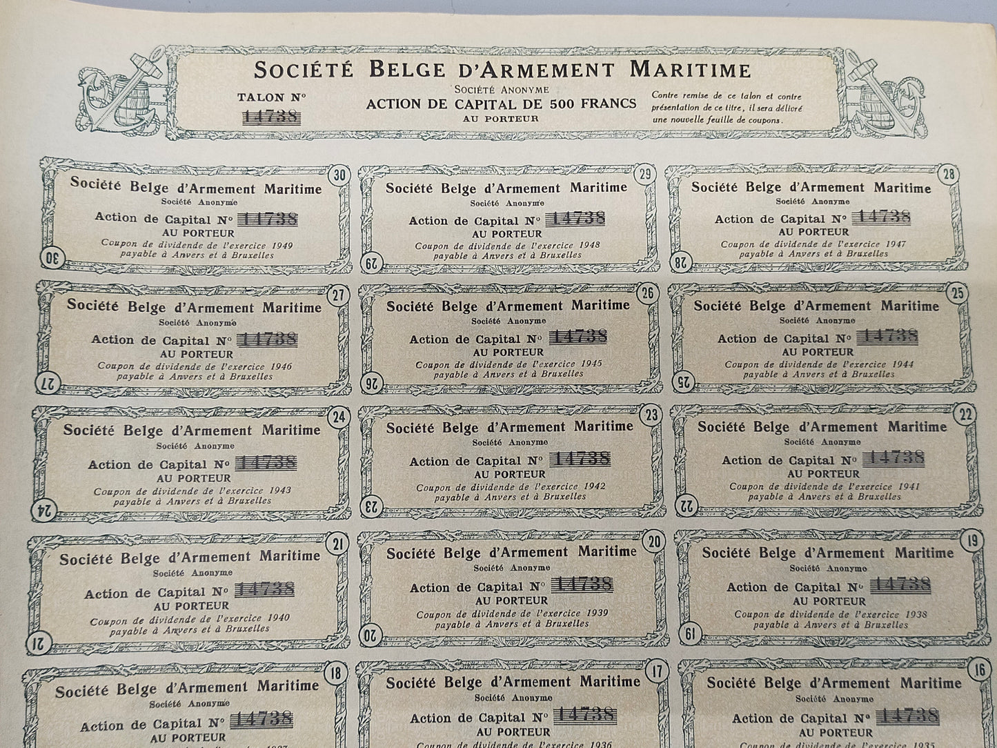 Historische Aktie Société Belge d'Armement Maritime Antwerpen 1920
