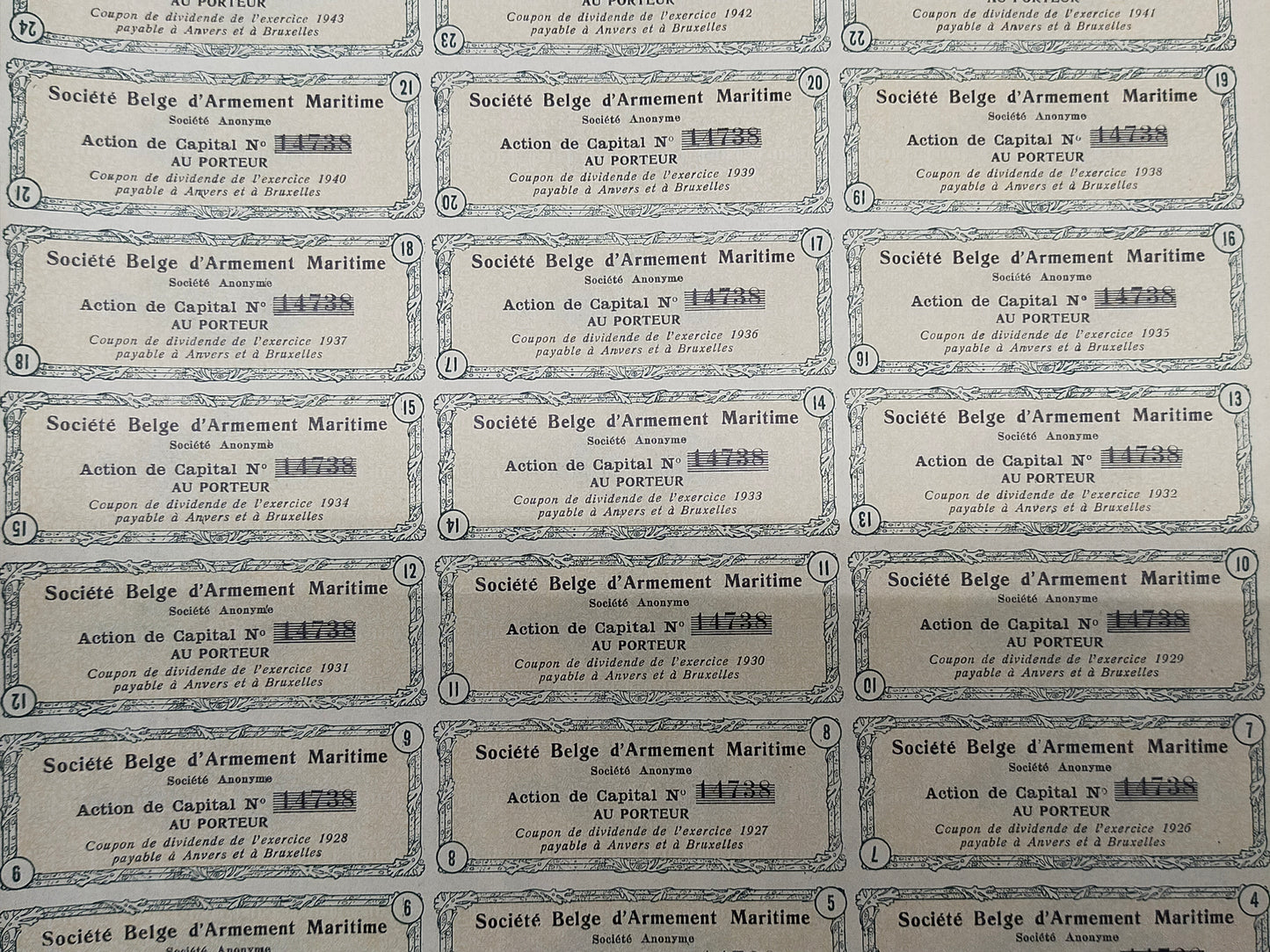 Historische Aktie Société Belge d'Armement Maritime Antwerpen 1920
