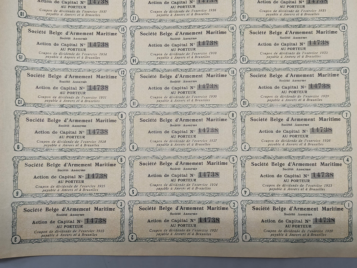 Historische Aktie Société Belge d'Armement Maritime Antwerpen 1920