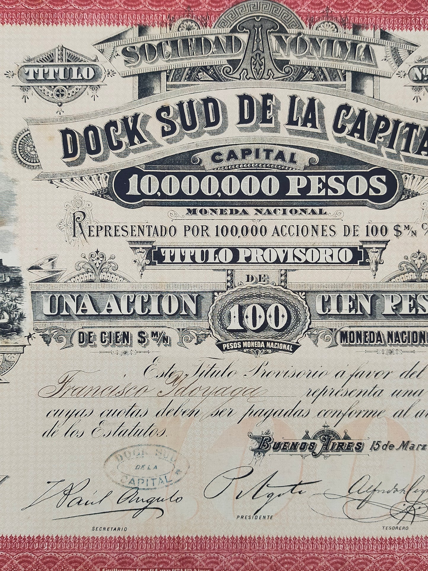 Seltene Argentinien Aktie "Dock Sud" 1889 Historisches Wertpapier