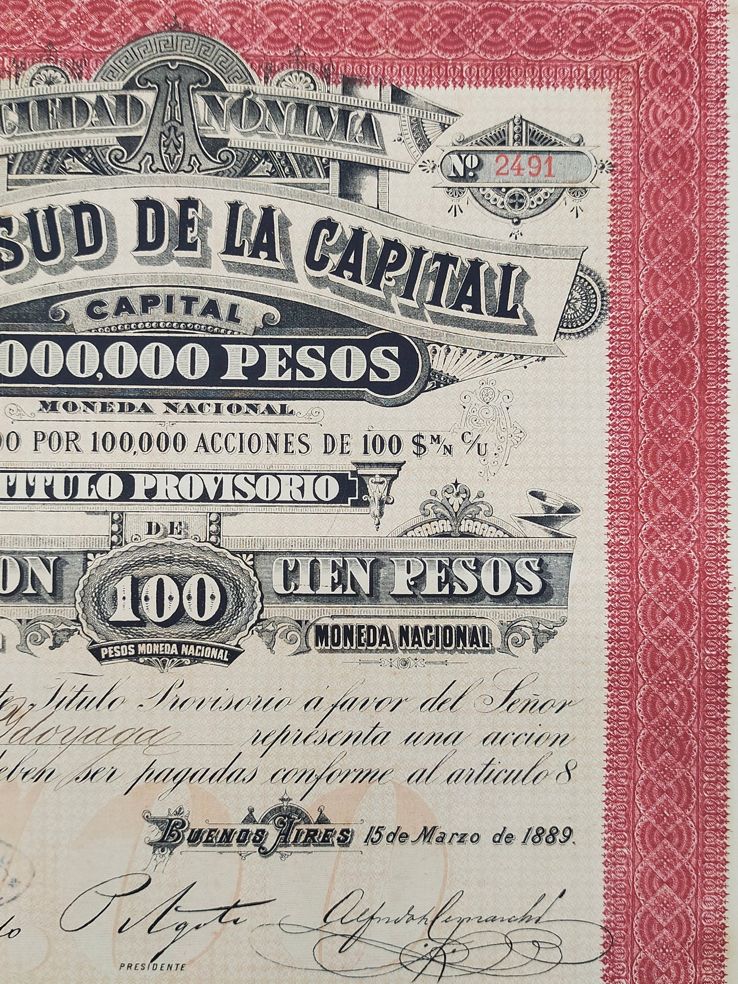 Seltene Argentinien Aktie "Dock Sud" 1889 Historisches Wertpapier