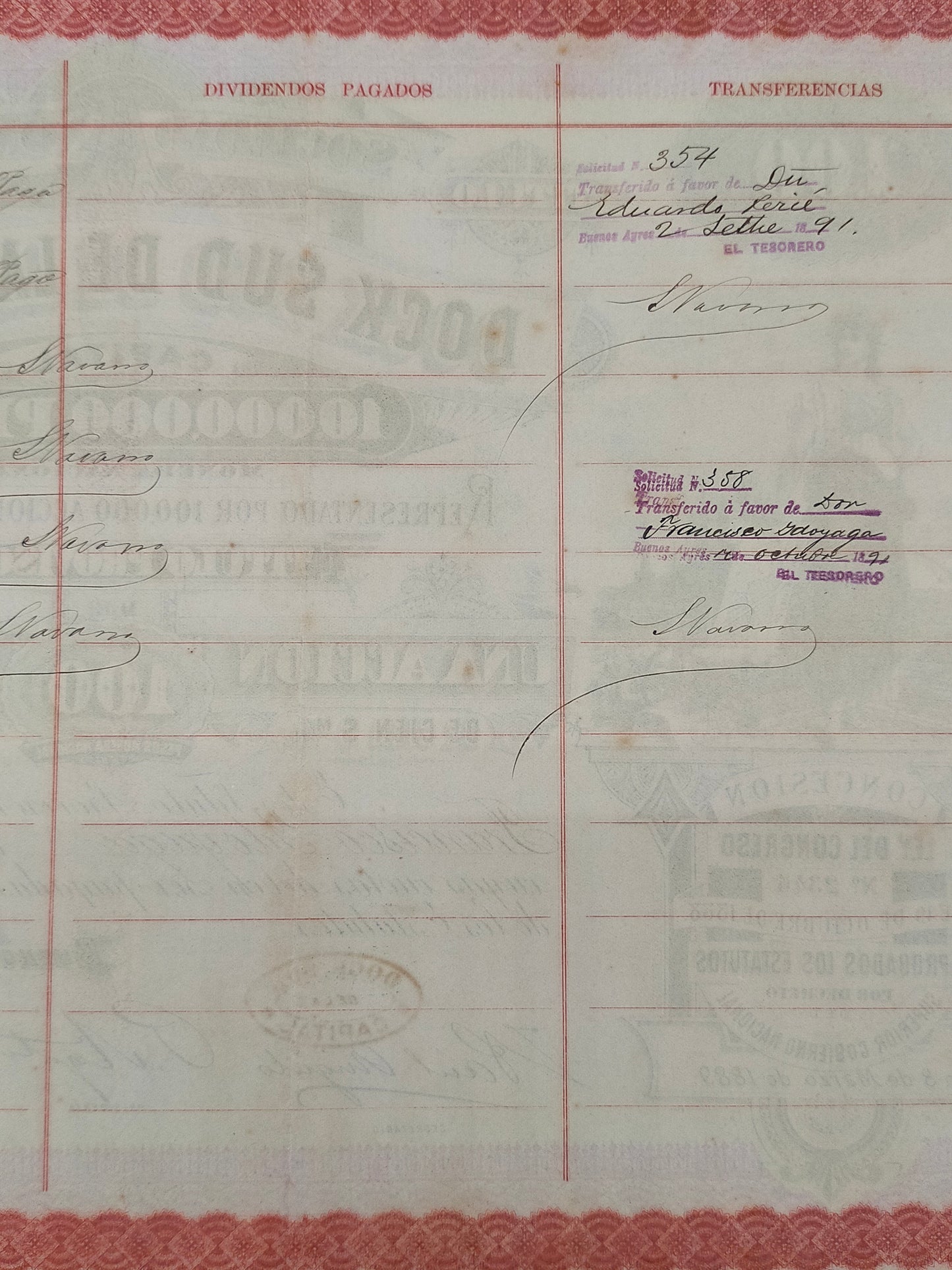 Seltene Argentinien Aktie "Dock Sud" 1889 Historisches Wertpapier