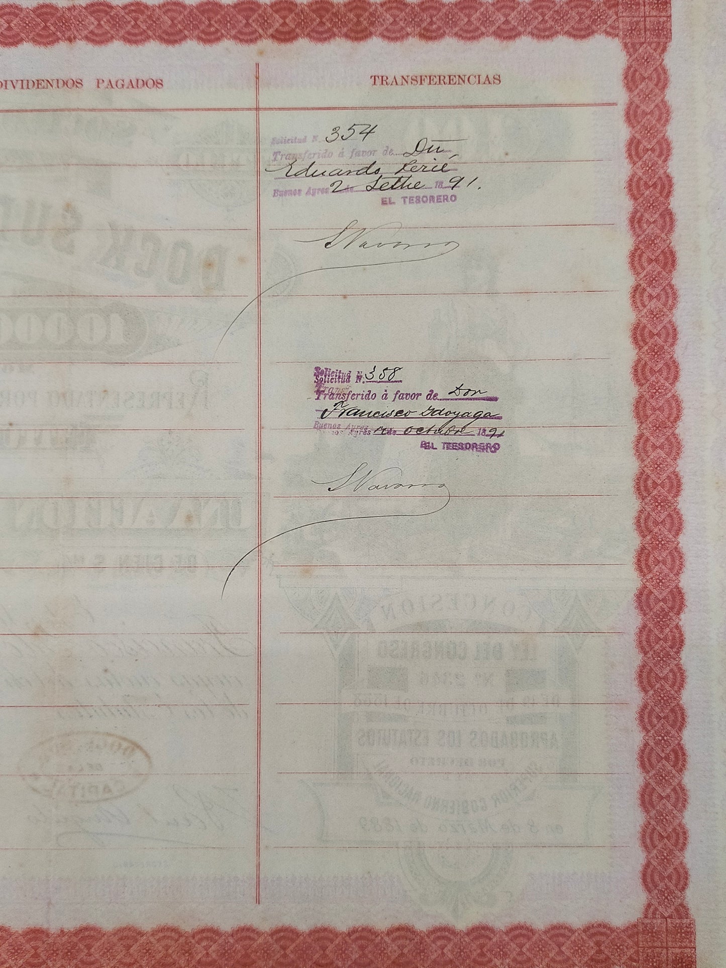 Seltene Argentinien Aktie "Dock Sud" 1889 Historisches Wertpapier