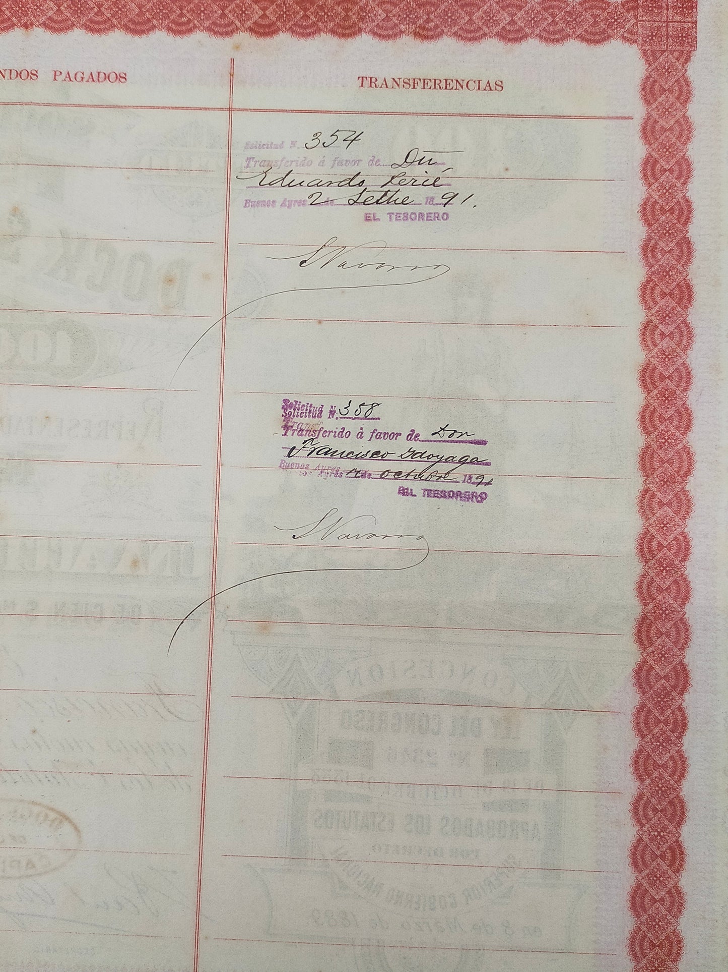 Seltene Argentinien Aktie "Dock Sud" 1889 Historisches Wertpapier