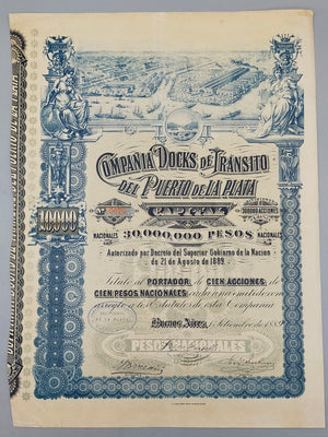 Historische Aktie 1889 Compania Docks de Transito del Puerto de La Plata