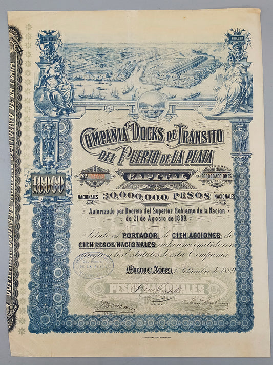 Historische Aktie 1889 Compania Docks de Transito del Puerto de La Plata