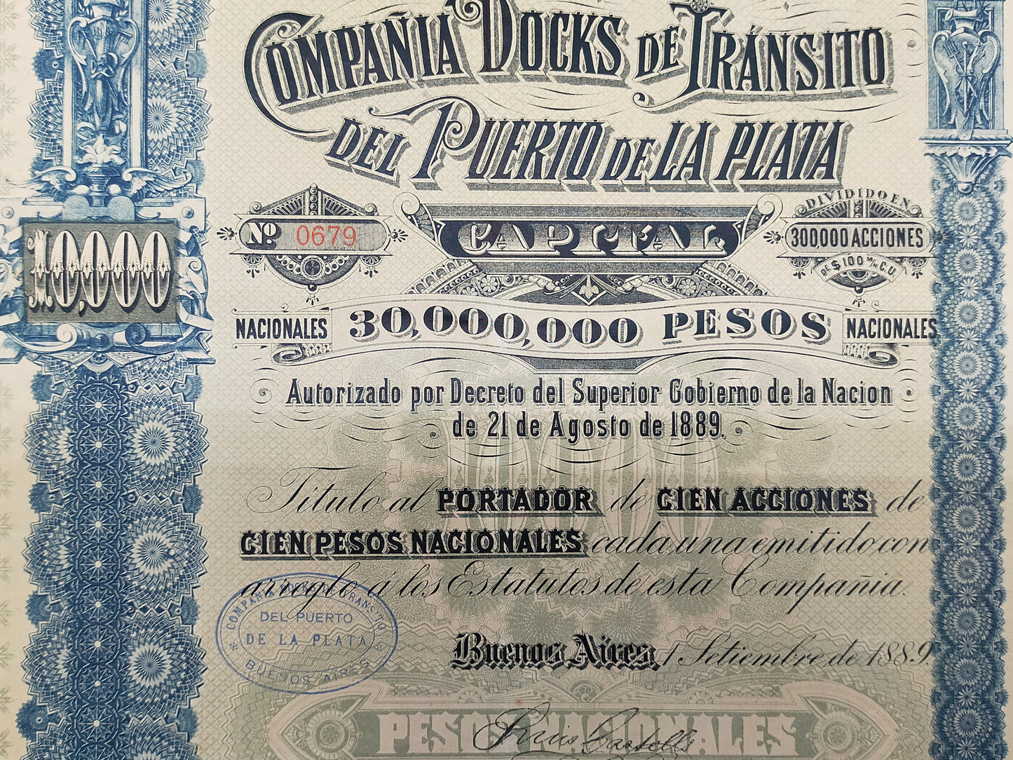 Historische Aktie 1889 Compania Docks de Transito del Puerto de La Plata